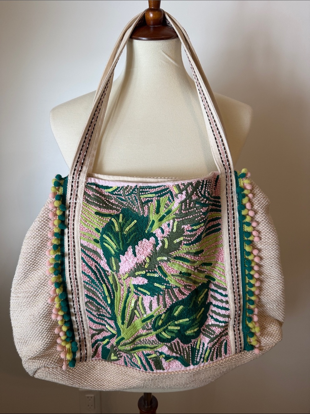 America & Beyond Hand-Embroidered Pink & Green Canvas Tote Bag